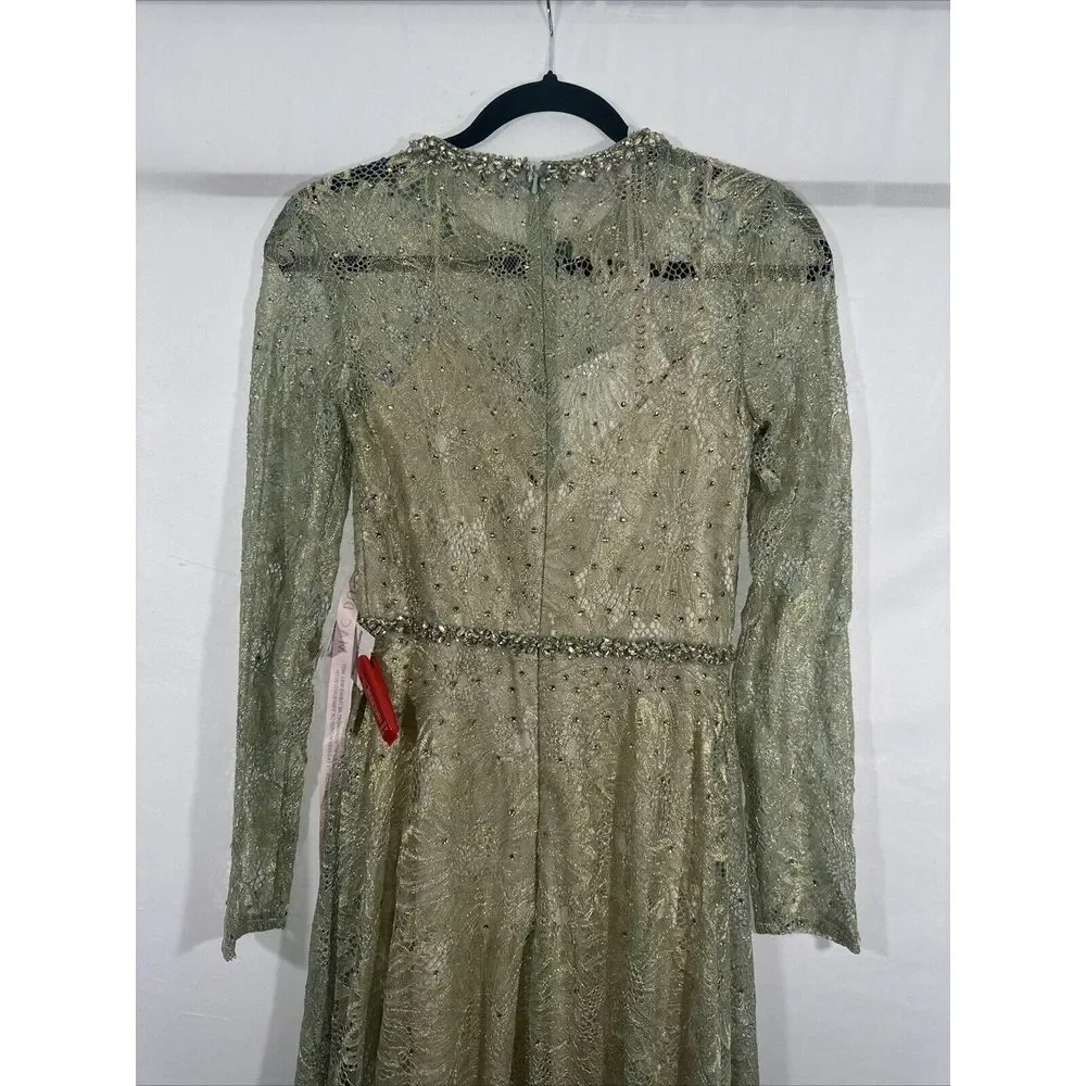 NWD Mac Duggal [ 2 ] 491881 Jeweled Long Sleeve Floral Lace Gown Sage Gold Q1023
